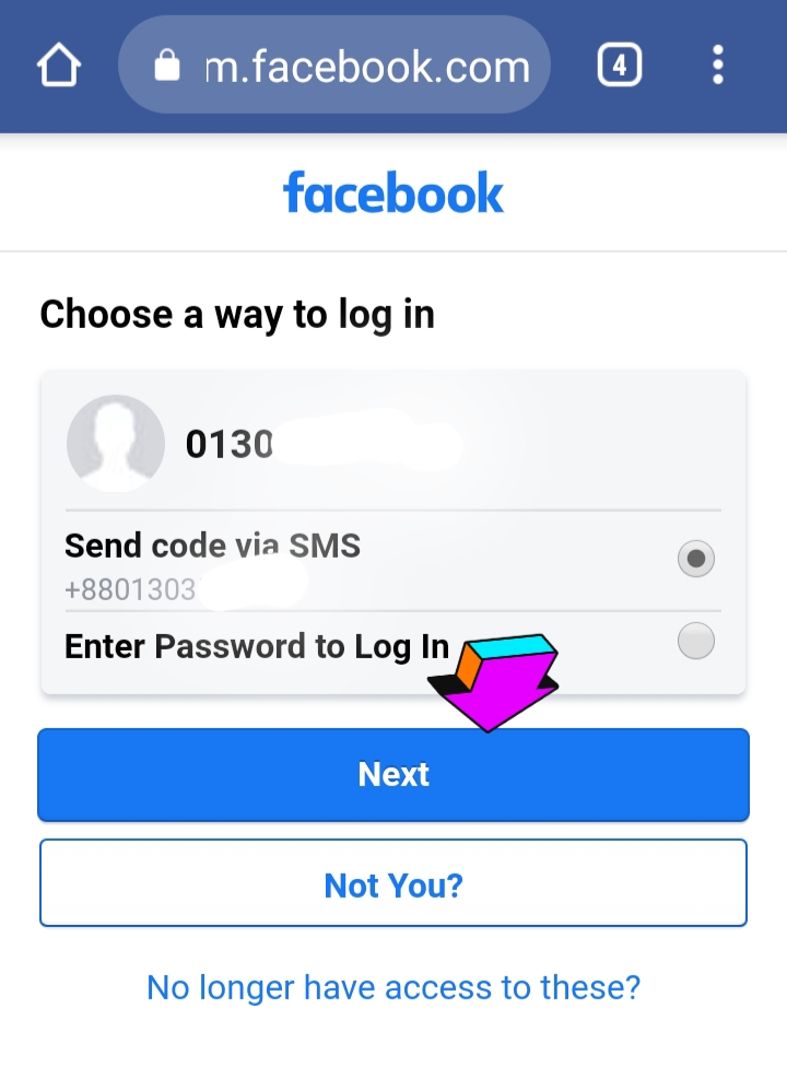 Send code via SMS for recover facebook password