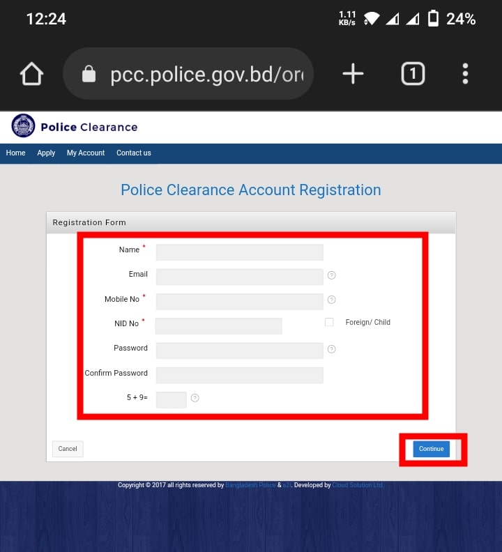 Police Clearance Registration website registration